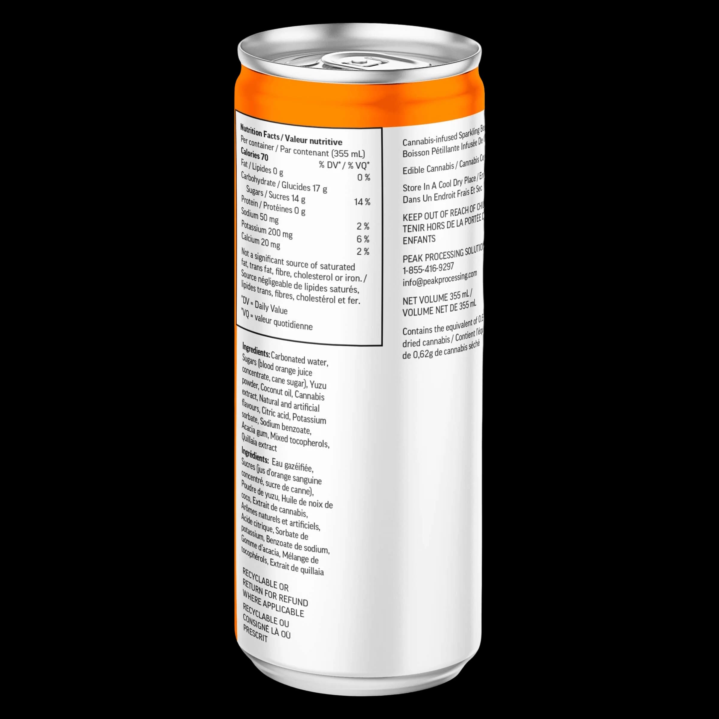 Collective Project Original Blood Orange Yuzu & Vanilla cannabis-infused sparkling beverage, 355mL can with orange and white label showing nutrition facts and ingredients