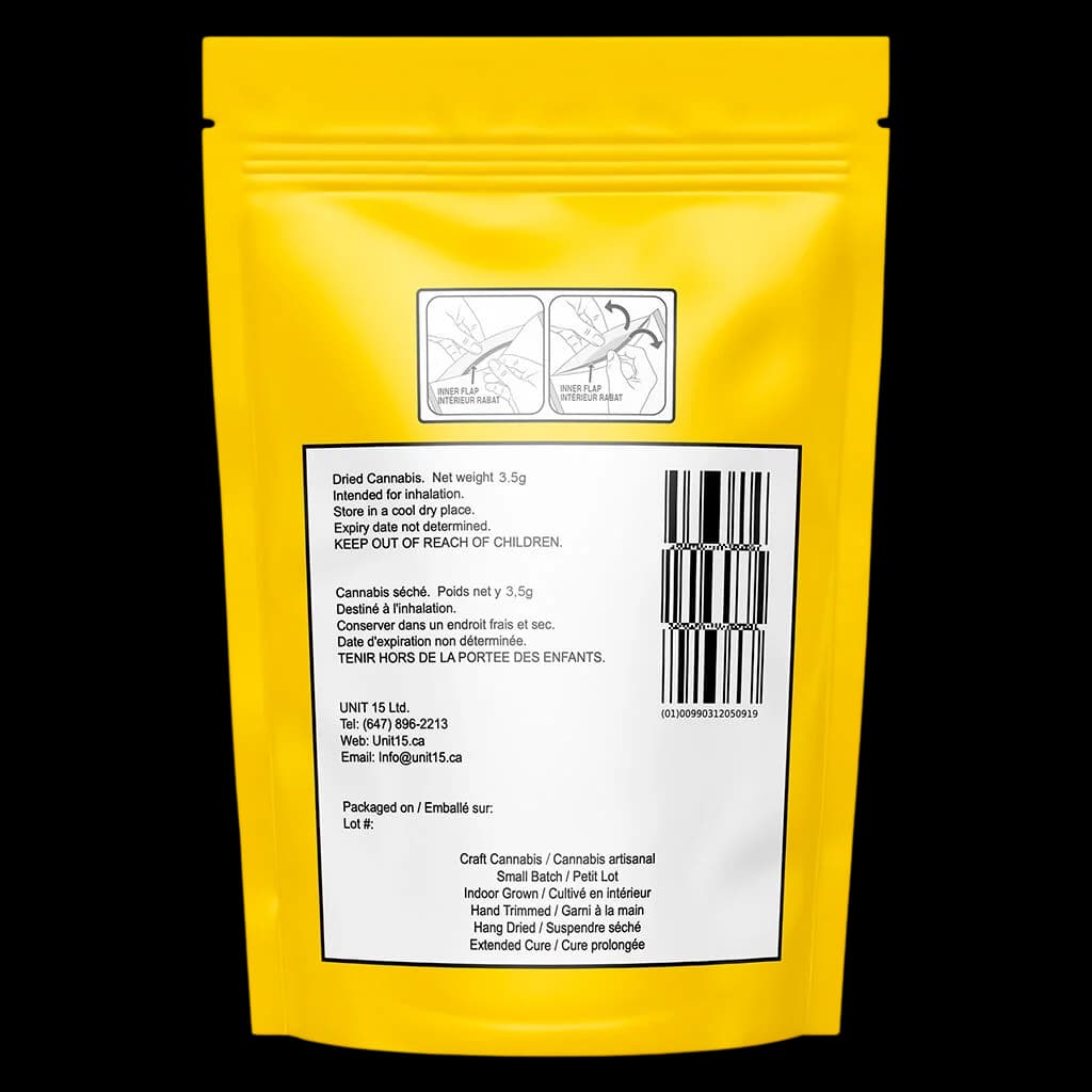 Unit 15 craft cannabis dried flower 3.5g in yellow pouch with regulatory label and bilingual text
