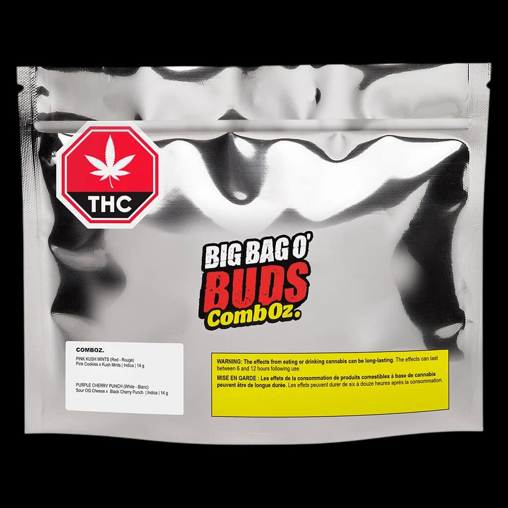 Big Bag O' Buds CombOz dual-strain cannabis flower pack with Pink Kush Mints and Purple Cherry Punch, 14g each