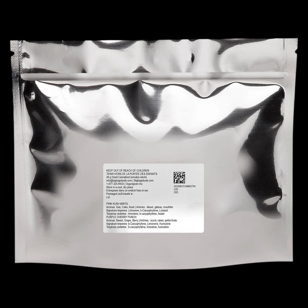 Big Bag O' Buds CombOz 25g dried cannabis flower pack with Pink Kush Mints and Purple Cherry Punch flavours