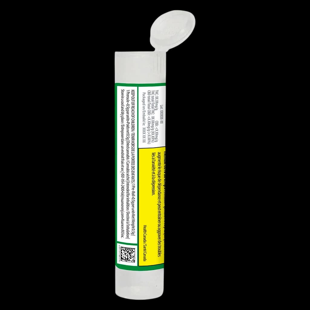 The Penny Puffer hash infused pre-roll package with green and yellow label, flip-top cap, and QR code