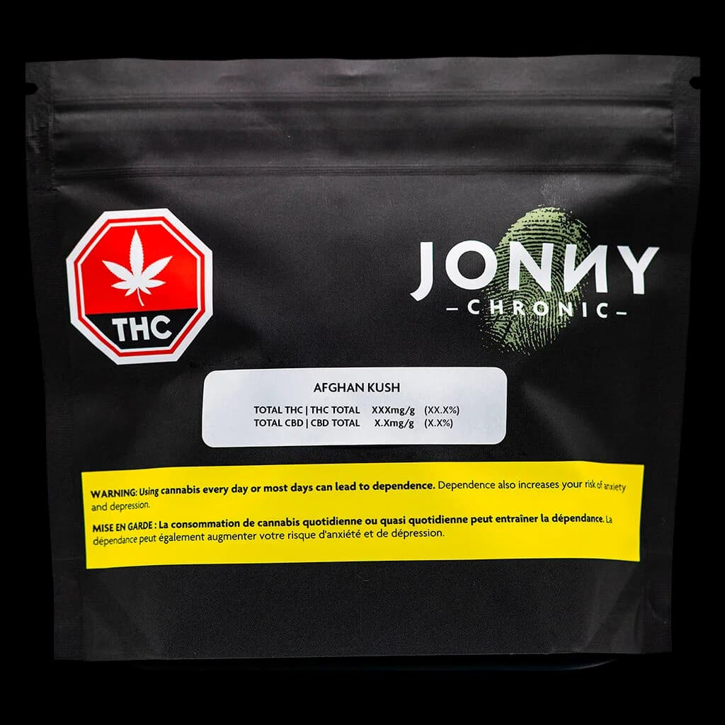 Jonny Chronic Afghan Kush dried flower in black pouch with red THC warning symbol and yellow Health Canada warning label