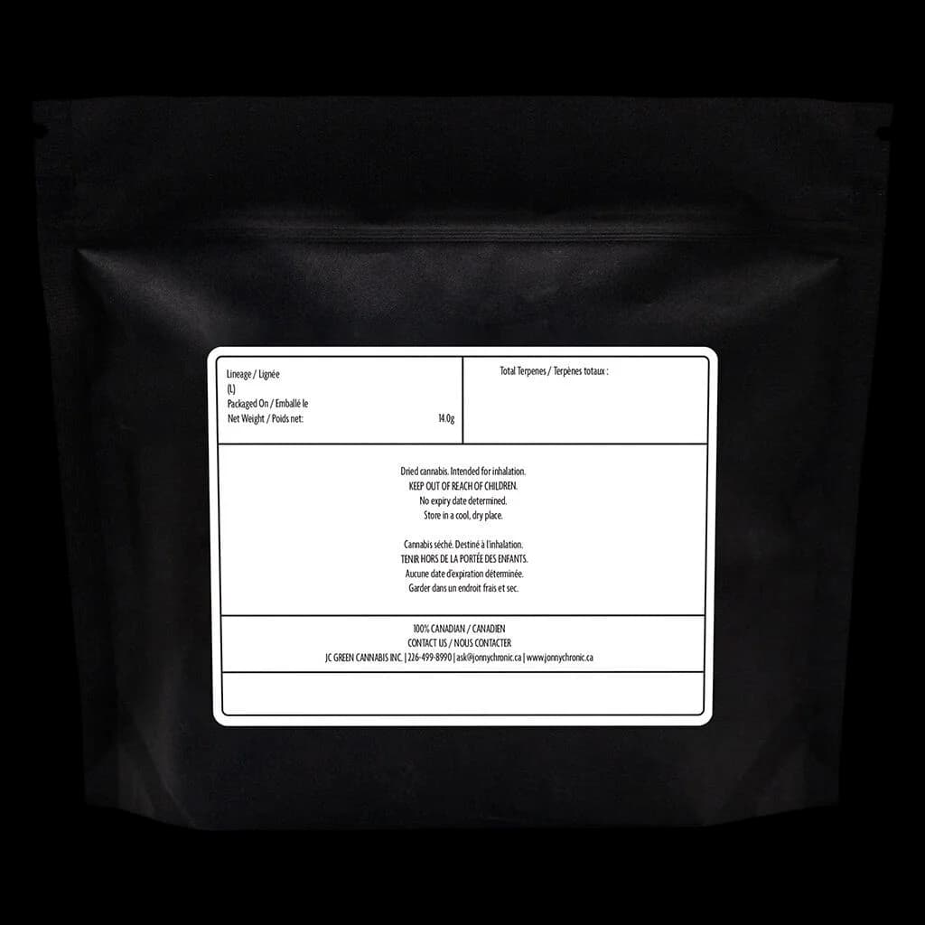 Jonny Chronic Afghan Kush 14g dried cannabis flower pouch with regulatory label showing total terpenes content and storage instructions