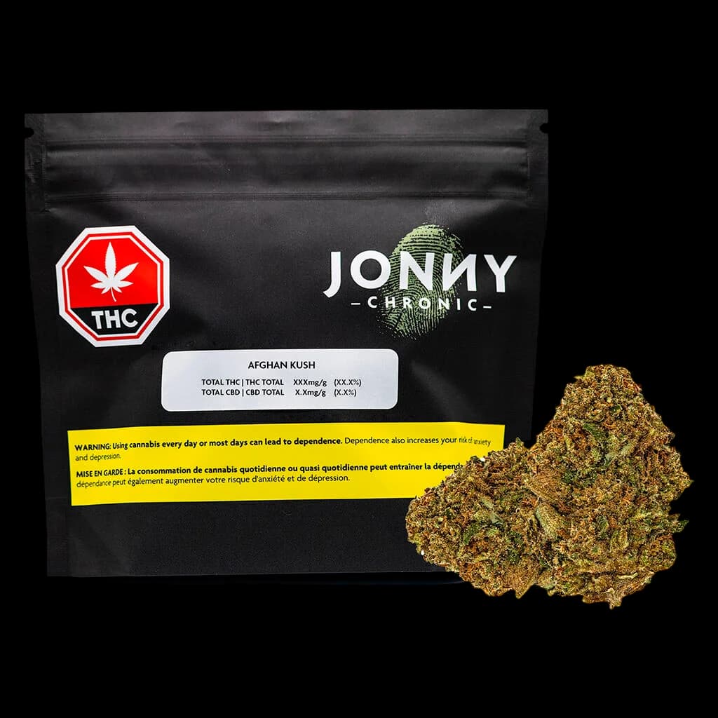 Jonny Chronic Afghan Kush dried flower cannabis with black pouch packaging showing THC warning label