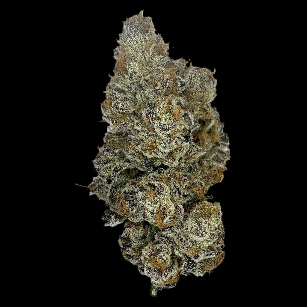 The Kitchen Kadillac Rainbow dried flower cannabis buds with crystalline trichomes and mixed green and brown coloring