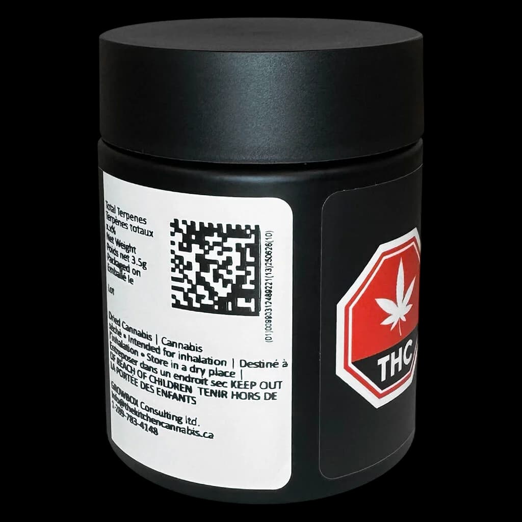 The Kitchen Kadillac Rainbow 3.5g dried flower in black glass jar with red THC logo and QR code label