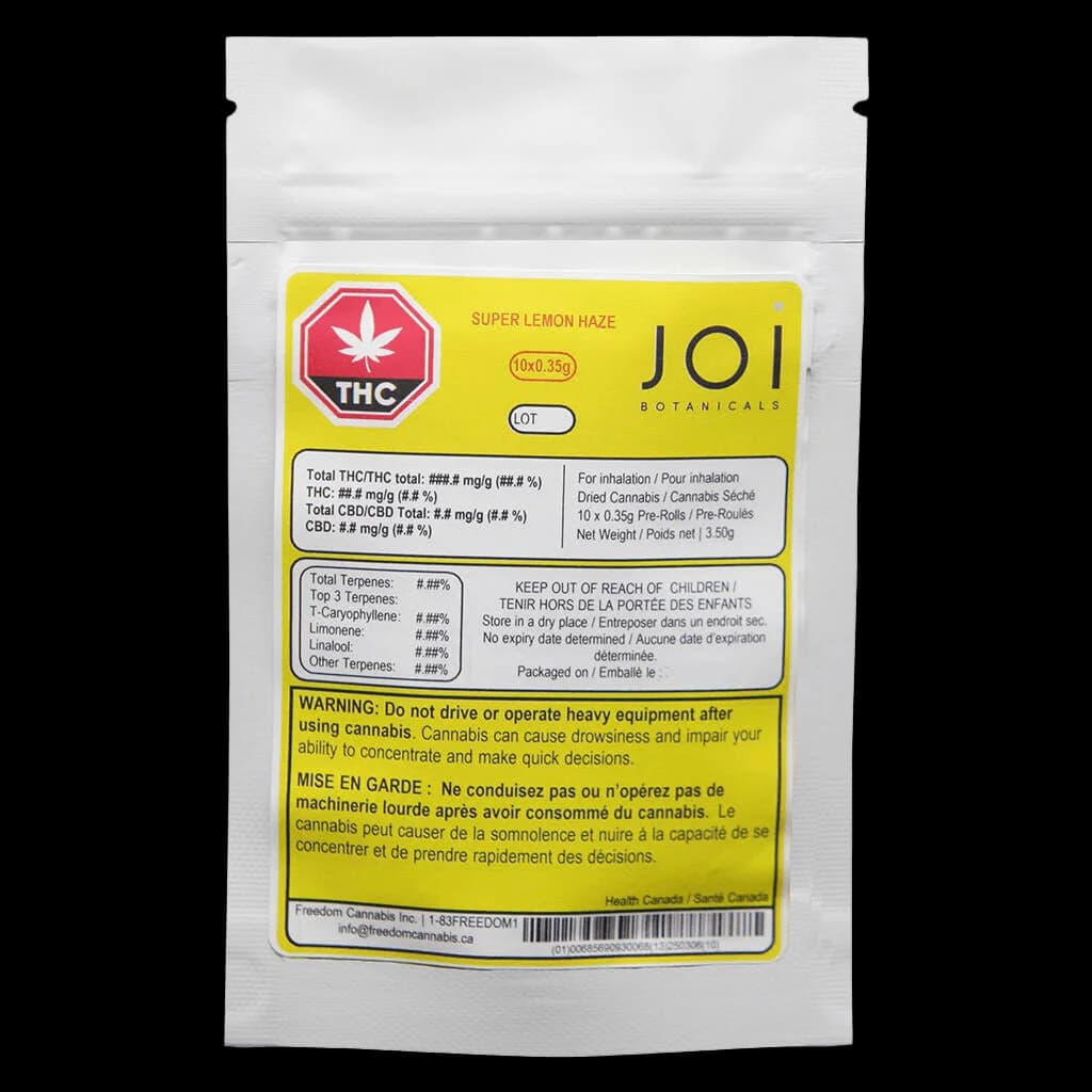 Pré-roulés JOI Botanicals Super Lemon Haze, paquet de 10 de 0,35 g, emballage avant avec étiquette jaune et symbole d'avertissement THC