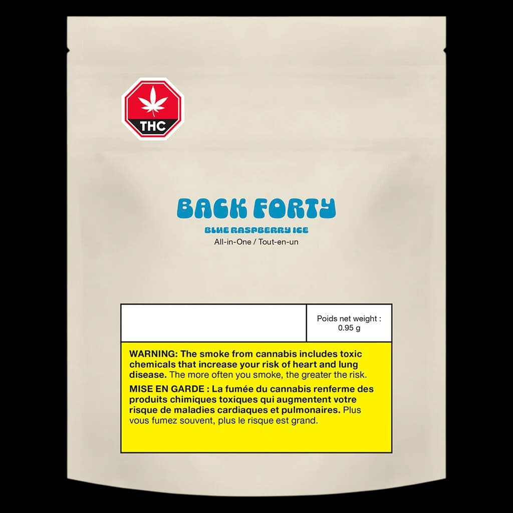 Vape de cannabis tout-en-un Back Forty Blue Raspberry Ice, stylo jetable de 0,95 g avec indicateur de THC et étiquettes d'avertissement réglementaires