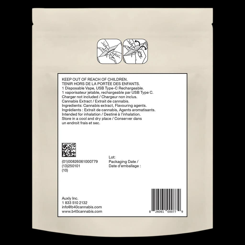 Dos de l'emballage du vape jetable Blue Raspberry Ice de Back Forty avec avertissements bilingues, ingrédients et informations réglementaires
