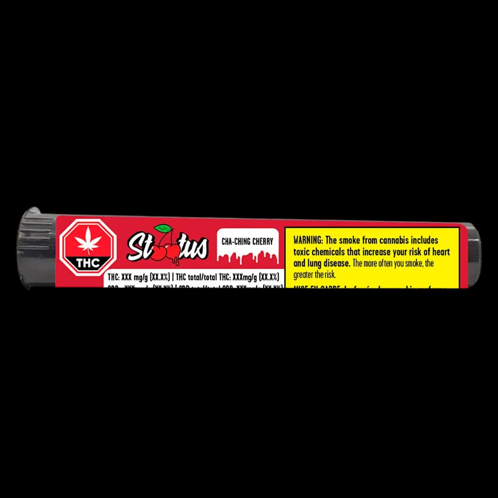 Status Cha-Ching Cherry pre-roll with red packaging, THC label, and yellow Health Canada warning label visible on tube