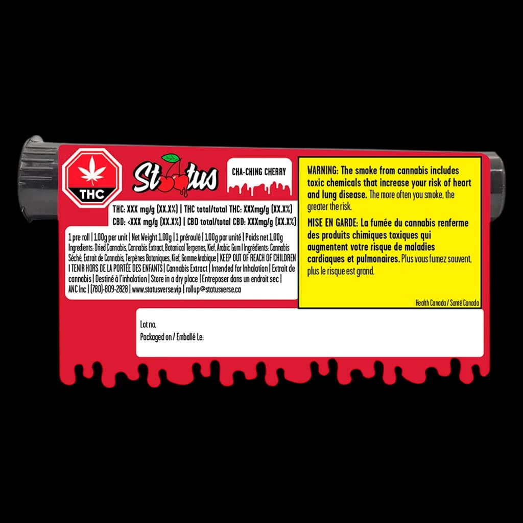 Status Cha-Ching Cherry pre-roll package front with red branding, THC warning label, and product details
