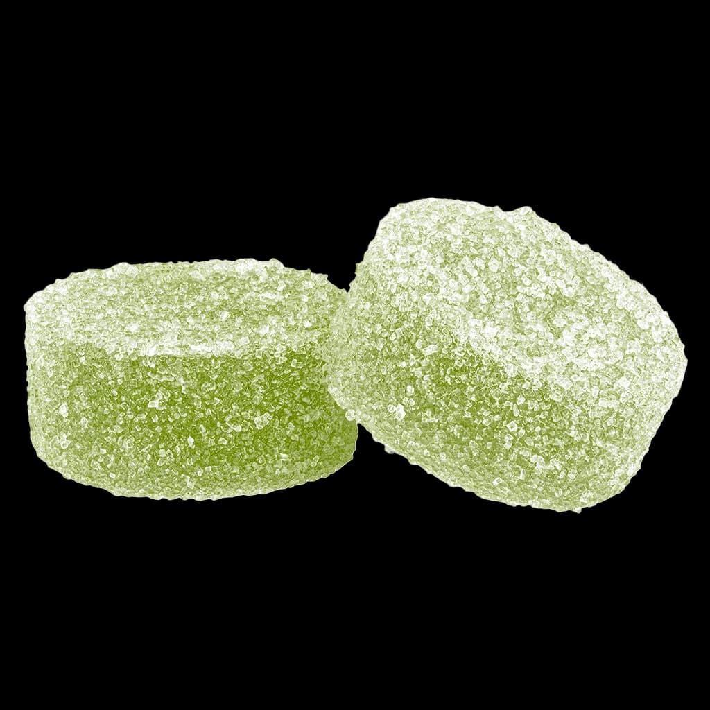 Two green and white sour-coated soft chew gummies, cannabis edible product