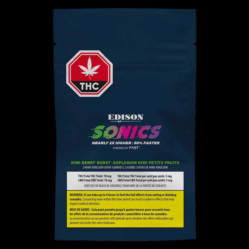 Edison Sonics Kiwi Berry Burst nano-emulsion gummies, 2-pack, 10mg THC total with Health Canada warning label