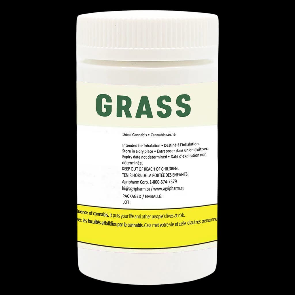 Emballage de pré-roulé Bangerine de Grass avec pot blanc, texte de marque vert et étiquette d'avertissement jaune de Santé Canada