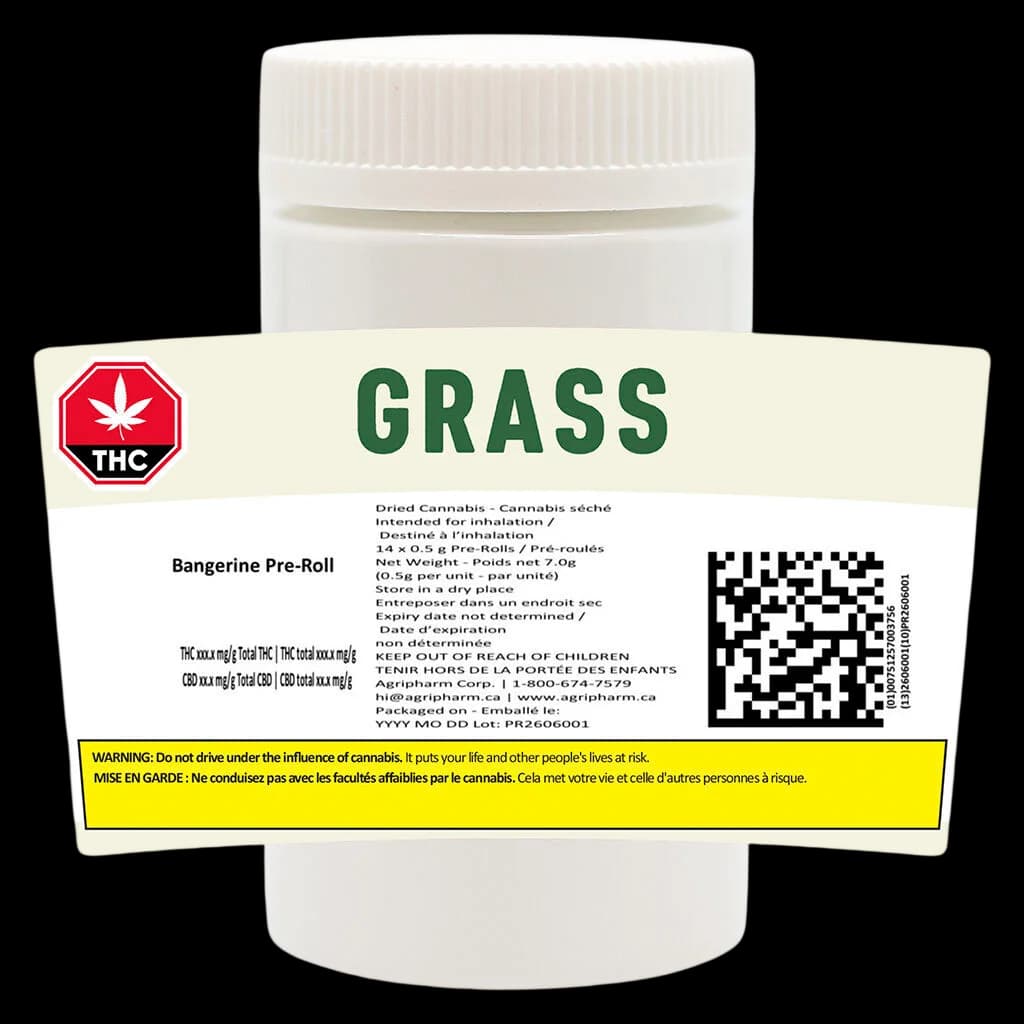 Emballage avant du préroulé Bangerine 14 x 0,5 g de Grass, avec symbole THC rouge, texte bilingue et étiquette d'avertissement jaune de Santé Canada