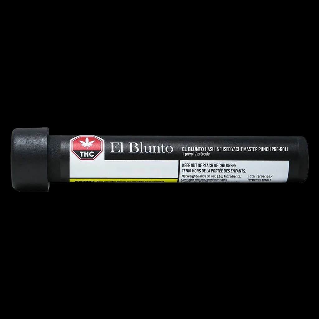 El Blunto Hash Infused Yacht Master Punch pre-roll, 1g, in black tube packaging with red THC logo and yellow Health Canada warning label