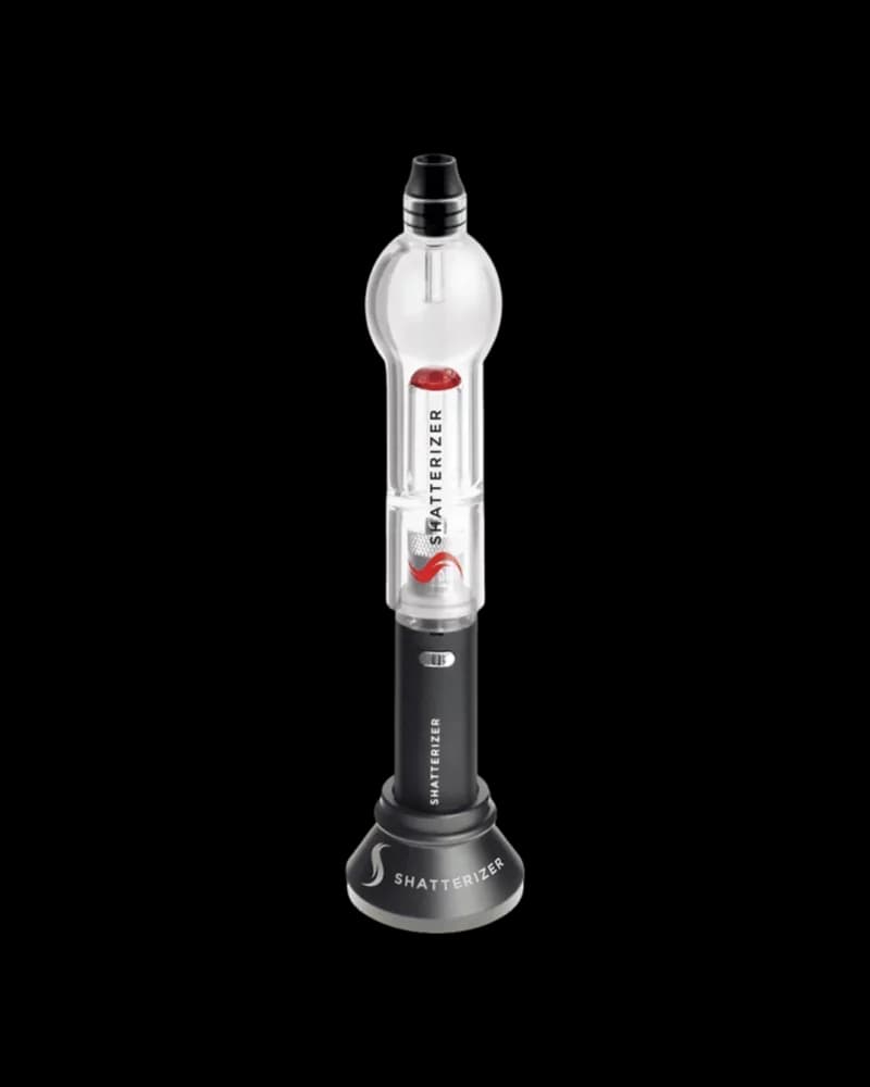 Shatterizer cannabis vaporizer with clear glass chamber, black base and mouthpiece, red indicator lights visible
