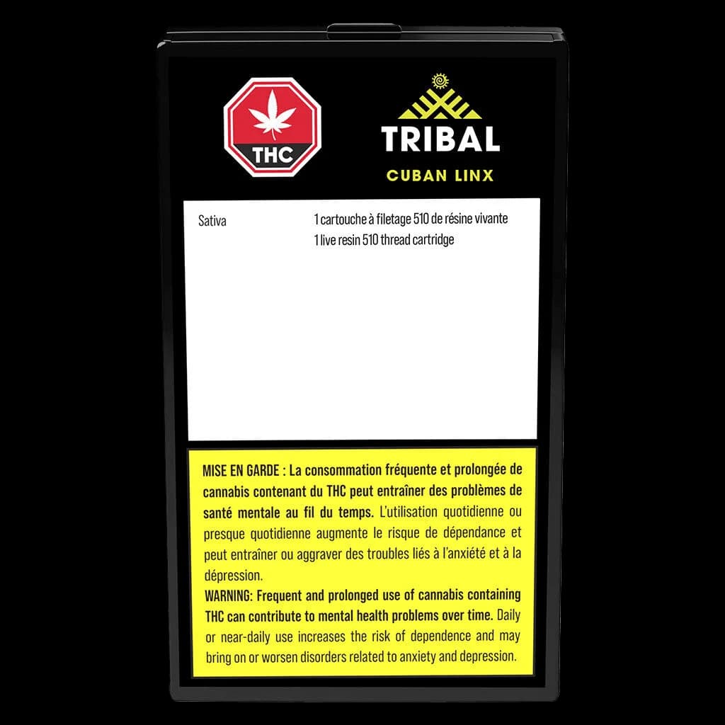 Cartouche 510 de résine vivante sativa Cuban Linx de Tribal, cartouche de vapotage de cannabis de 1 g avec symbole d'avertissement THC rouge sur emballage noir