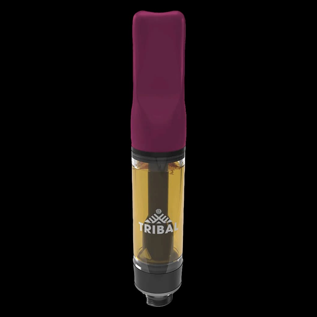 Tribal Porto Leche Live Resin 510 thread cannabis vape cartridge with burgundy mouthpiece and golden oil chamber