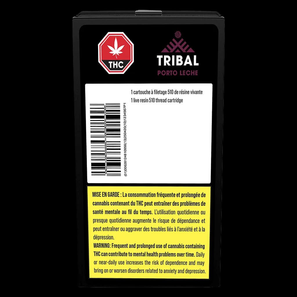 Tribal Porto Leche live resin 510 thread cartridge packaging with THC warning symbol and Health Canada warning label