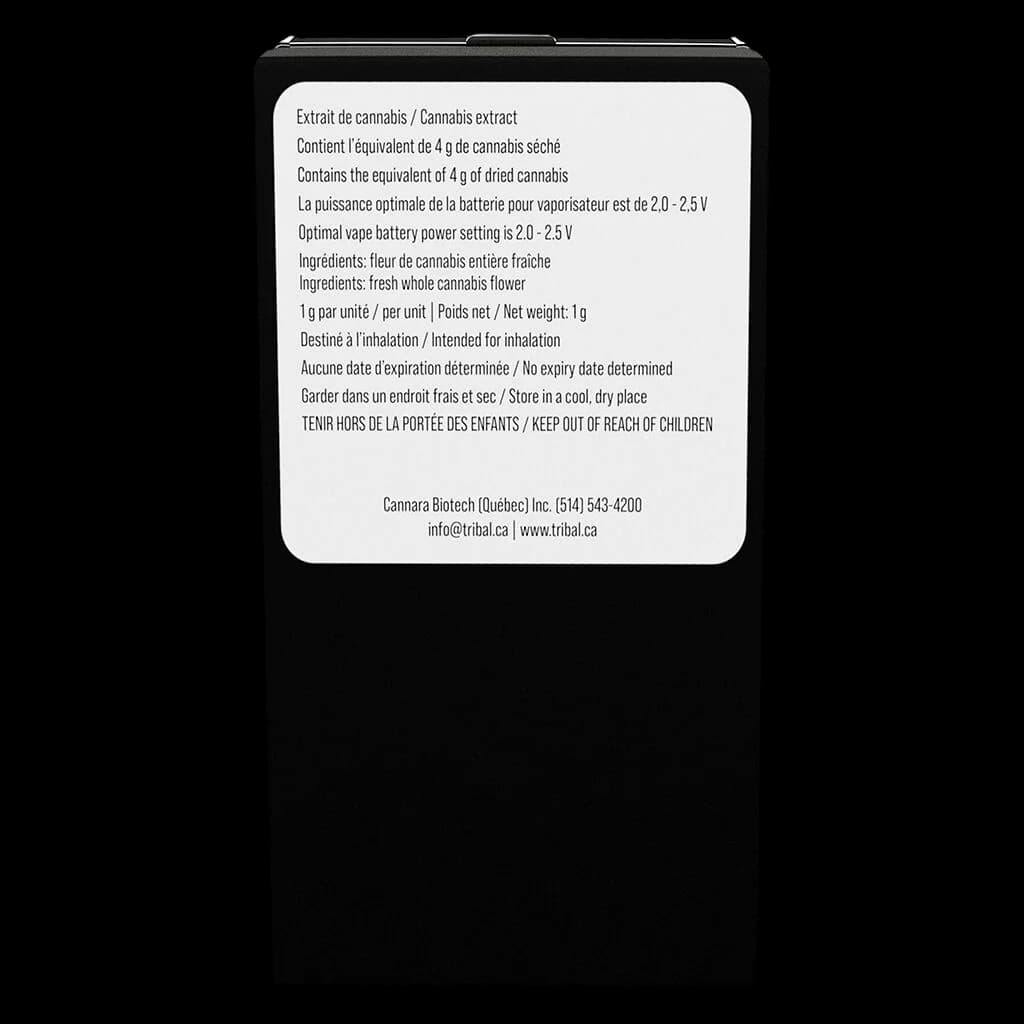 Tribal cannabis extract vape cartridge rear packaging label showing 1g live resin extract, 2.0-2.5V optimal battery setting, fresh whole cannabis flower ingredients