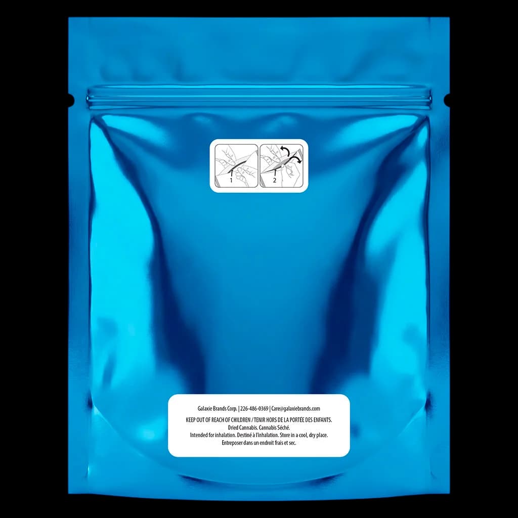 Overtime The Grind dried flower cannabis pouch, bright blue metallic packaging with resealable zip top and usage instructions