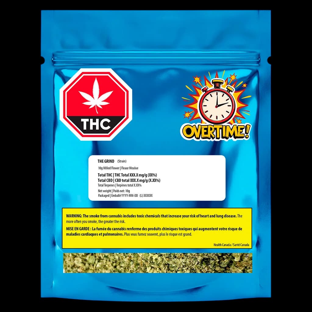 The Grind 10g milled flower in blue Overtime packaging with red THC symbol and stopwatch logo, displaying dried cannabis through window panel