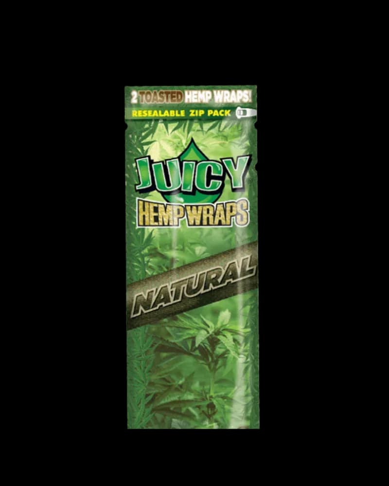 Juicy Jays Natural Toasted Hemp Wraps package, resealable zip pack with green hemp leaf design