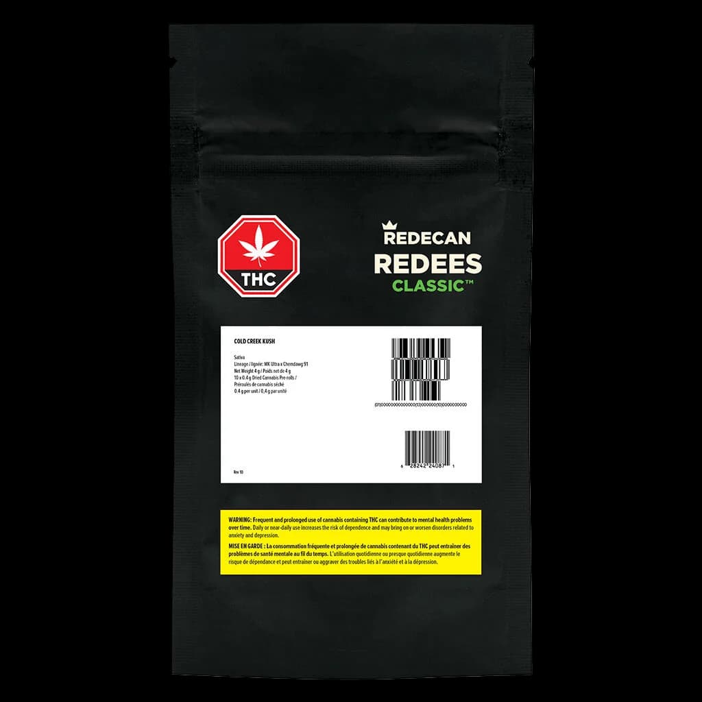 Redecan Redees Classic Cold Creek Kush pre-roll package, black pouch with red THC badge and product label