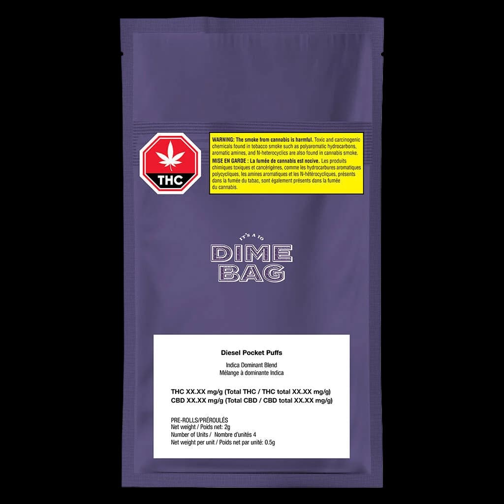 Dime Bag Diesel Pocket Puffs 4-pack pre-rolls, indica dominant blend, 2g net weight package with THC warning label