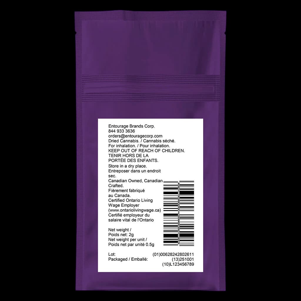 Entourage Brands Corp. dried cannabis package, 2g net weight, purple pouch with white regulatory label and barcode