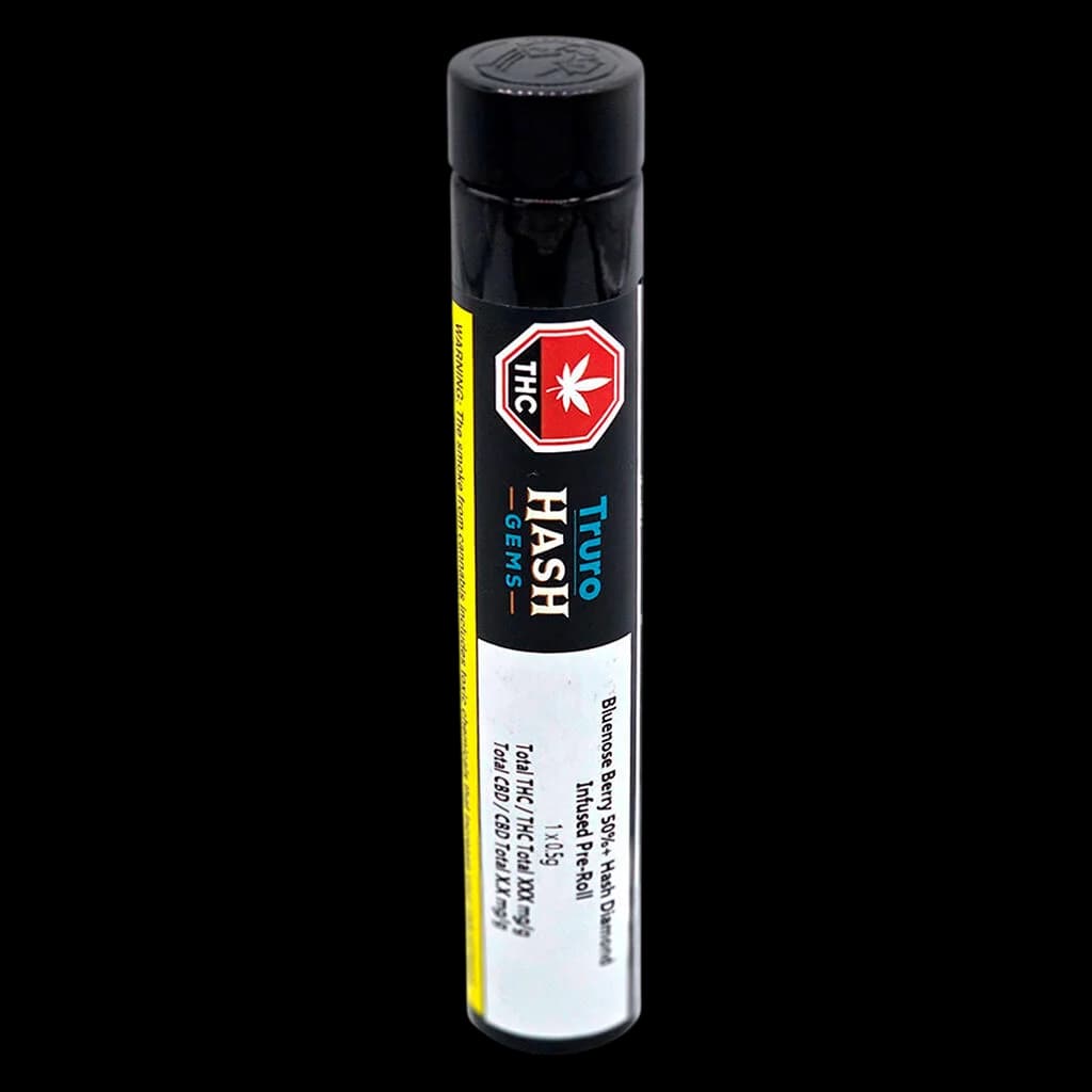 Truro Hash Gems Bluenose Berry 50%+ Hash Diamond Infused pre-roll tube with black cap and yellow stripe labeling