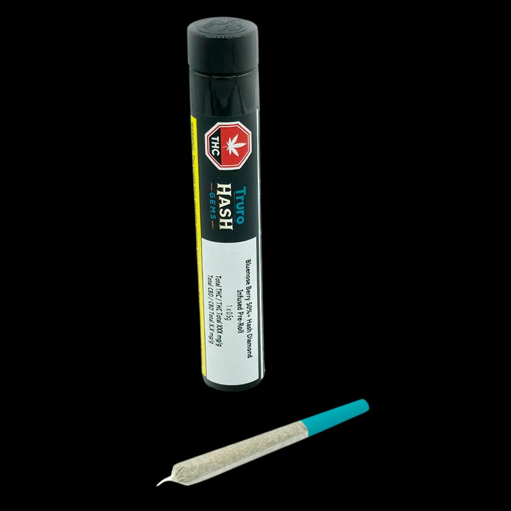 Truro Hash Gems Bluenose Berry 50%+ Hash Diamond infused pre-roll with turquoise filter tip and black packaging tube