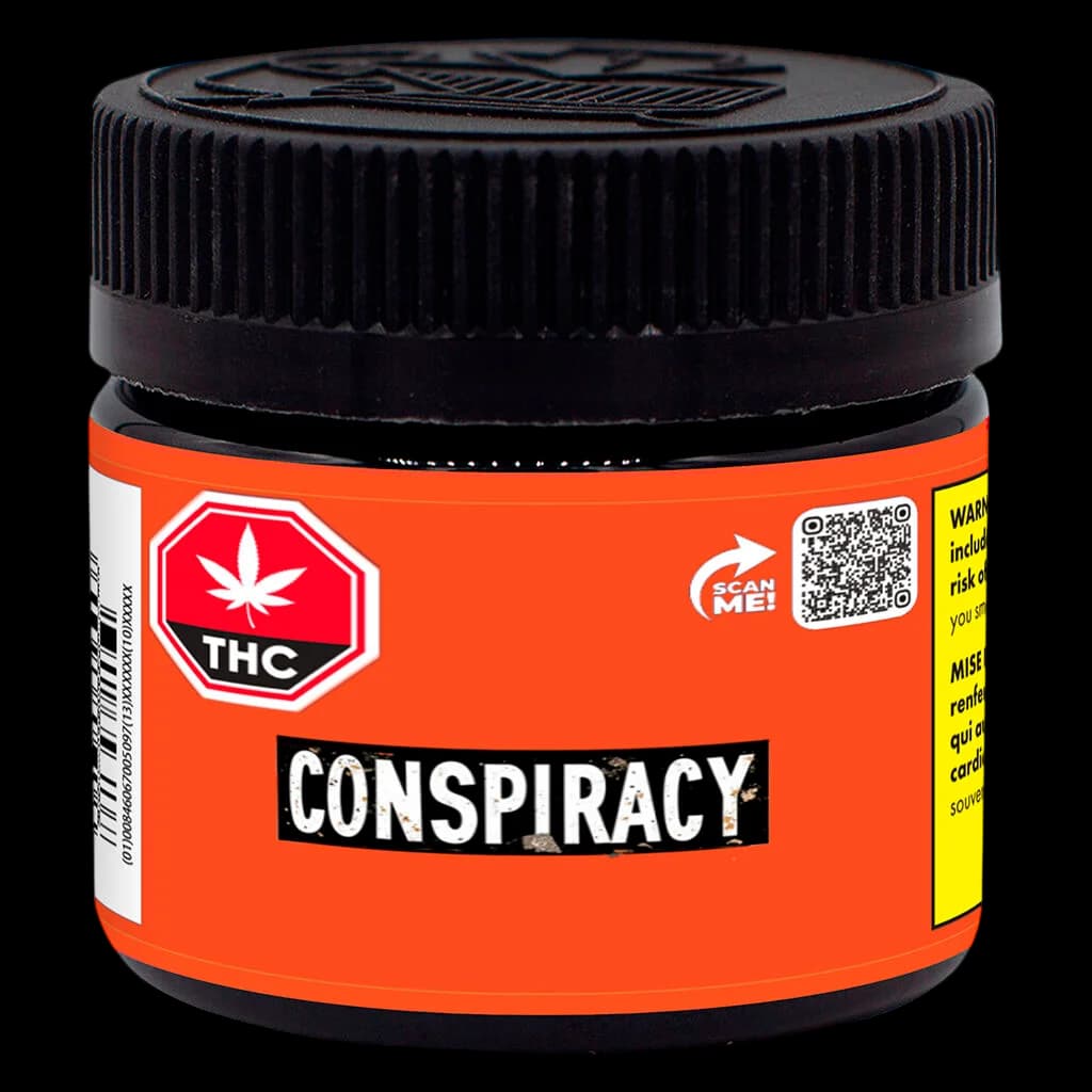 Conspiracy cannabis dried flower in orange jar with black screw cap and THC label