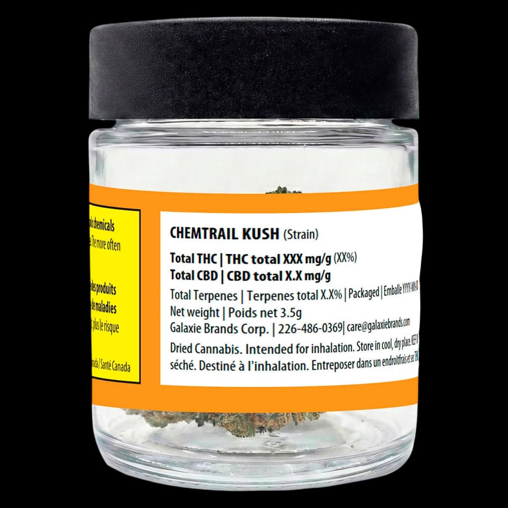 Chemtrail Kush dried flower cannabis in glass jar with black cap, 3.5g, by Galaxie Brands Corp.