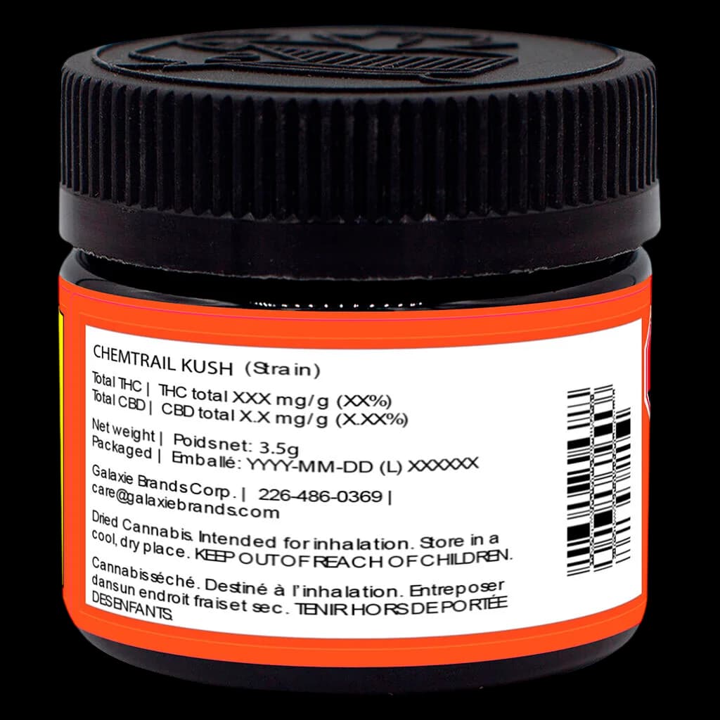 Chemtrail Kush cannabis dried flower, 3.5g jar with black screw-top lid and orange label showing strain name and potency information