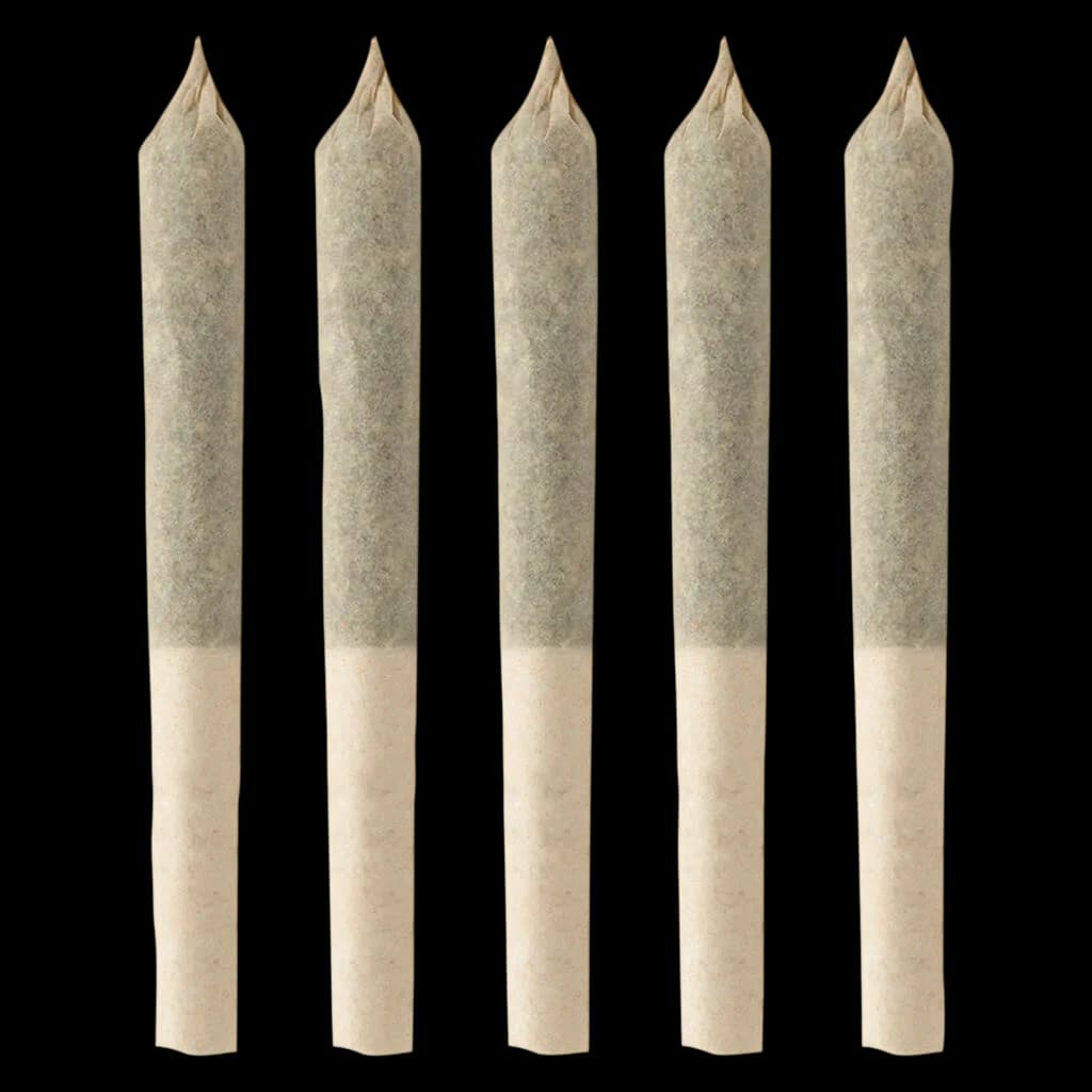 Five BC Organic Fruit Loopz pre-rolls with natural paper wraps and cannabis flower visible at the tips
