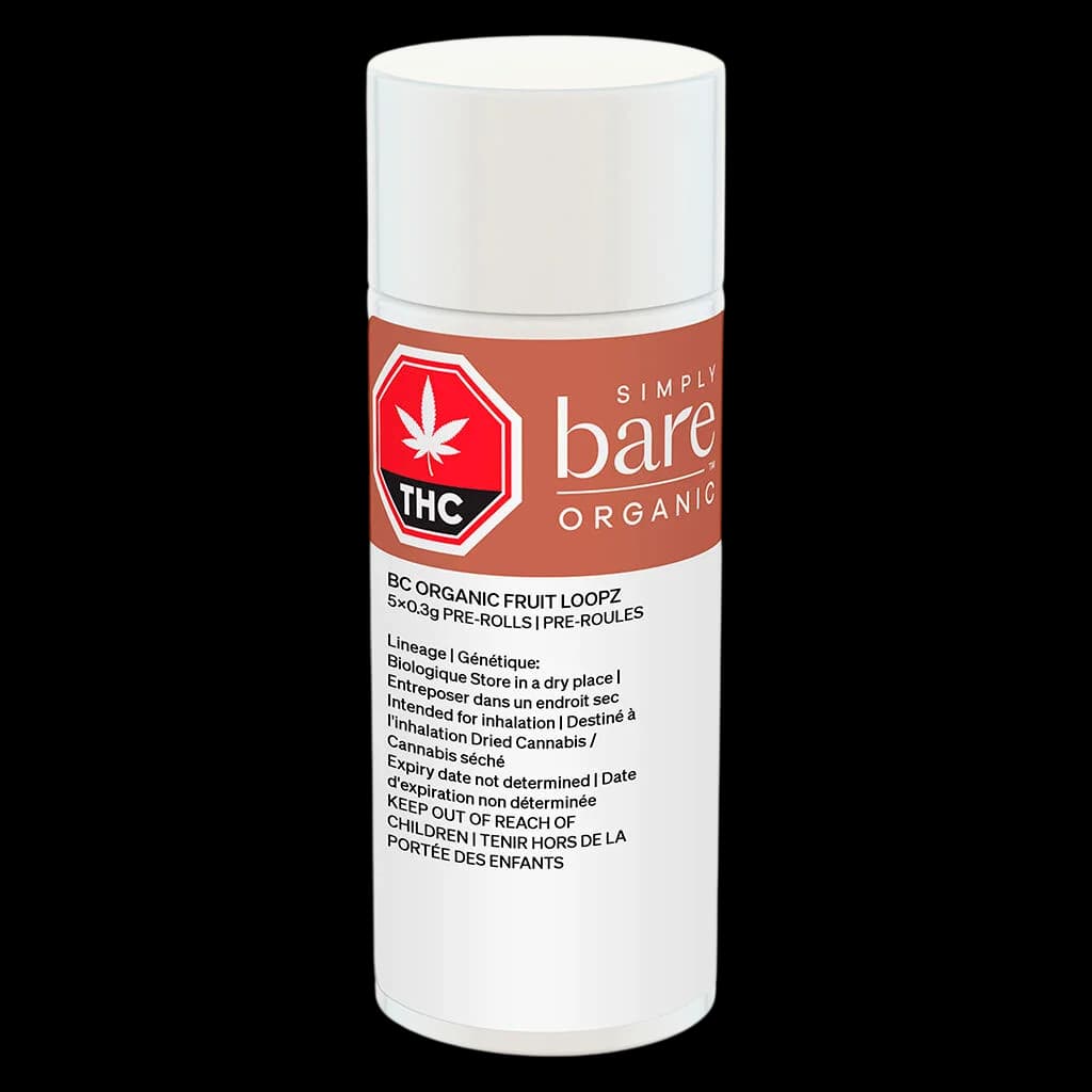 Simply Bare Organic Fruit Loopz pre-roll 0.5g single pack with white cap and orange label