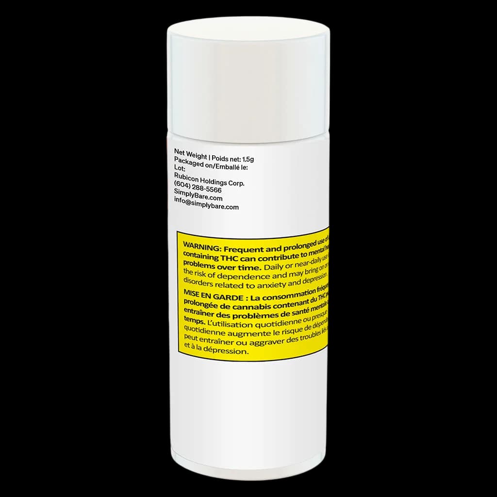 Tube de pré-roulé Simply Bare avec couvercle blanc et étiquette indiquant 0,59 g de cannabis séché, informations bilingues sur le produit et mentions réglementaires
