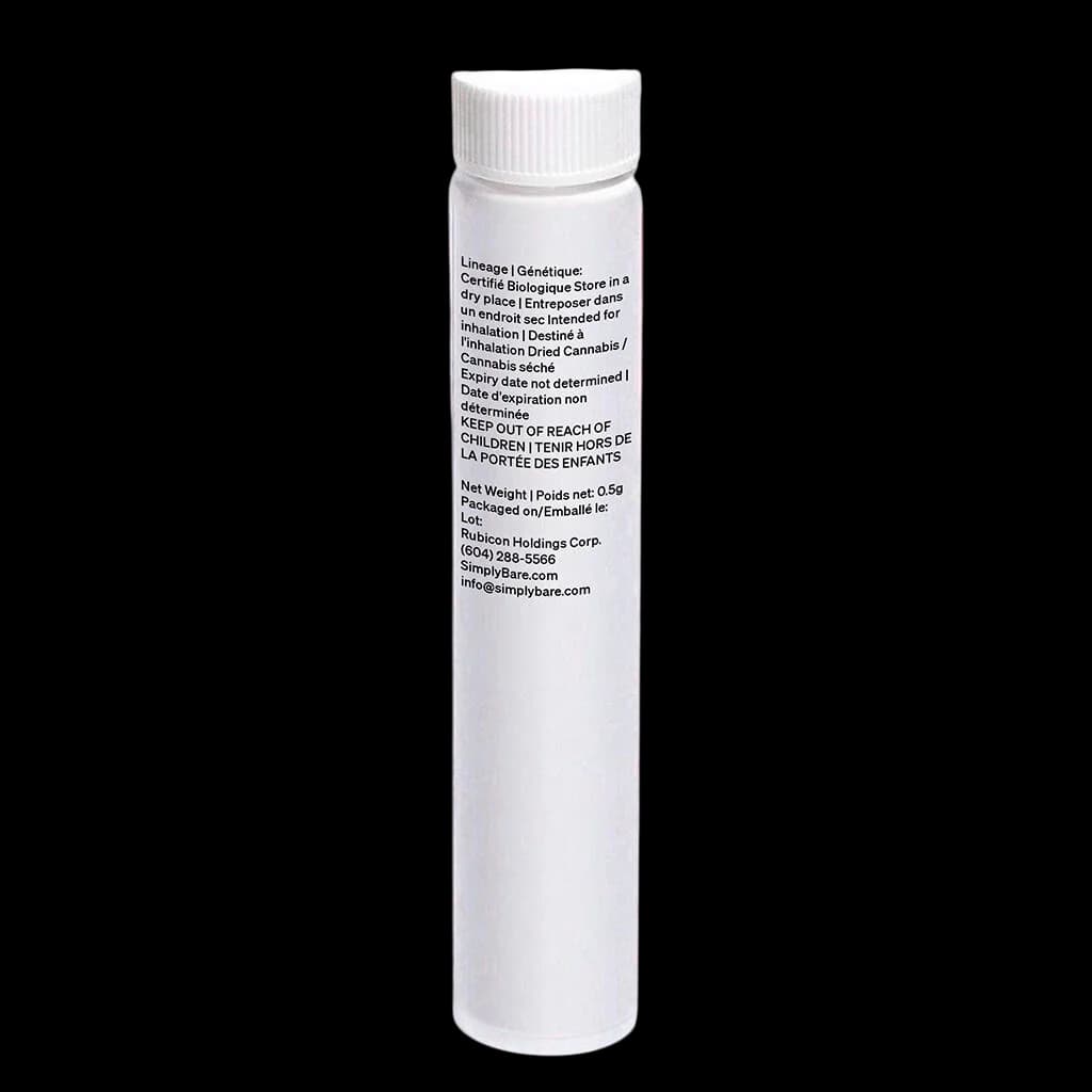 Simply Bare pre-roll tube, 0.59g, white cylindrical packaging with child-resistant cap and bilingual regulatory text