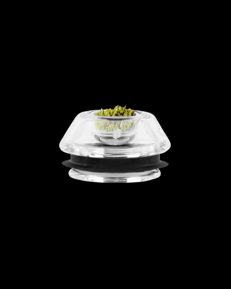 Puffco Proxy Flower Bowl with clear glass housing, black silicone gasket band, and yellow-green cannabis flower visible in top chamber