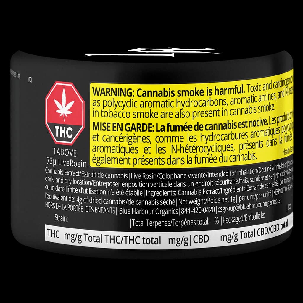 1Above 73u Live Rosin 1g cannabis concentrate in black jar with red THC warning label and yellow bilingual warning band
