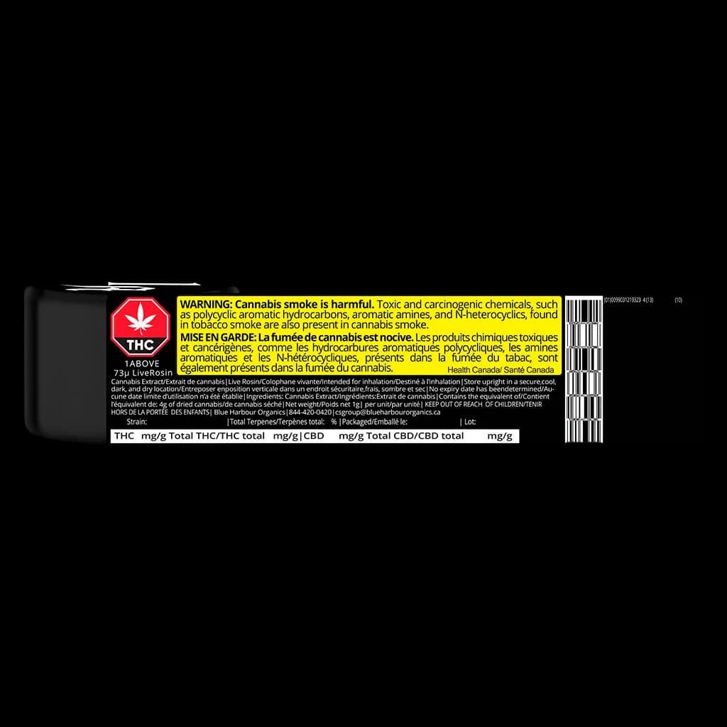 1Above 73u LiveRosin cannabis concentrate package rear label with warning text, potency information, and regulatory details