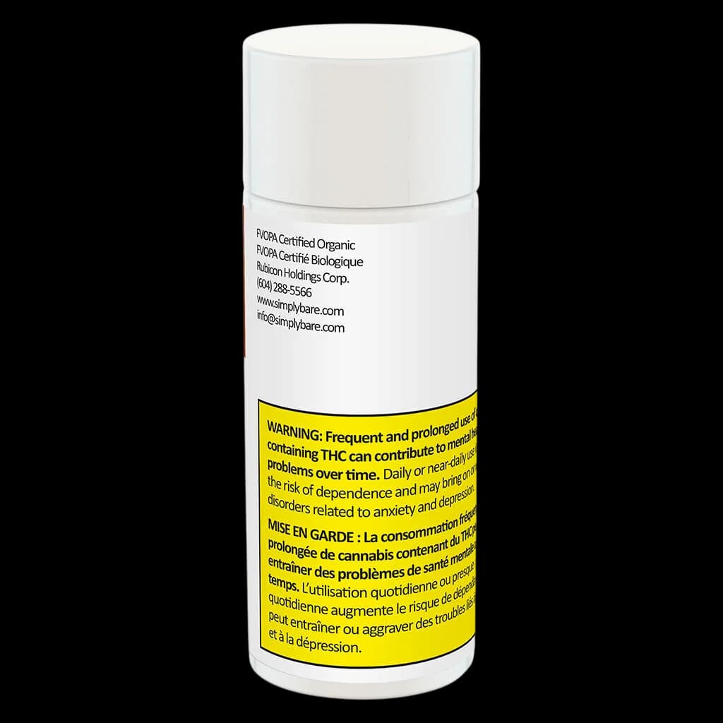 Tube de préroulé Simply Bare BC Organic Low Voltage avec étiquette de certification biologique NCOPA et étiquette d'avertissement de Santé Canada visible