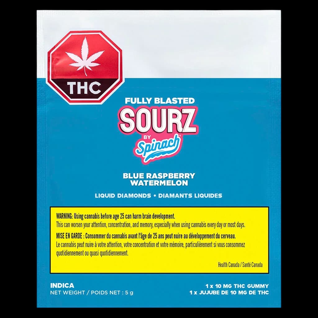 SOURZ par Spinach Fully Blasted gommes Framboise Bleue Pastèque, bonbons tendres à enrobage acidulé rose et bleu, comestible au cannabis