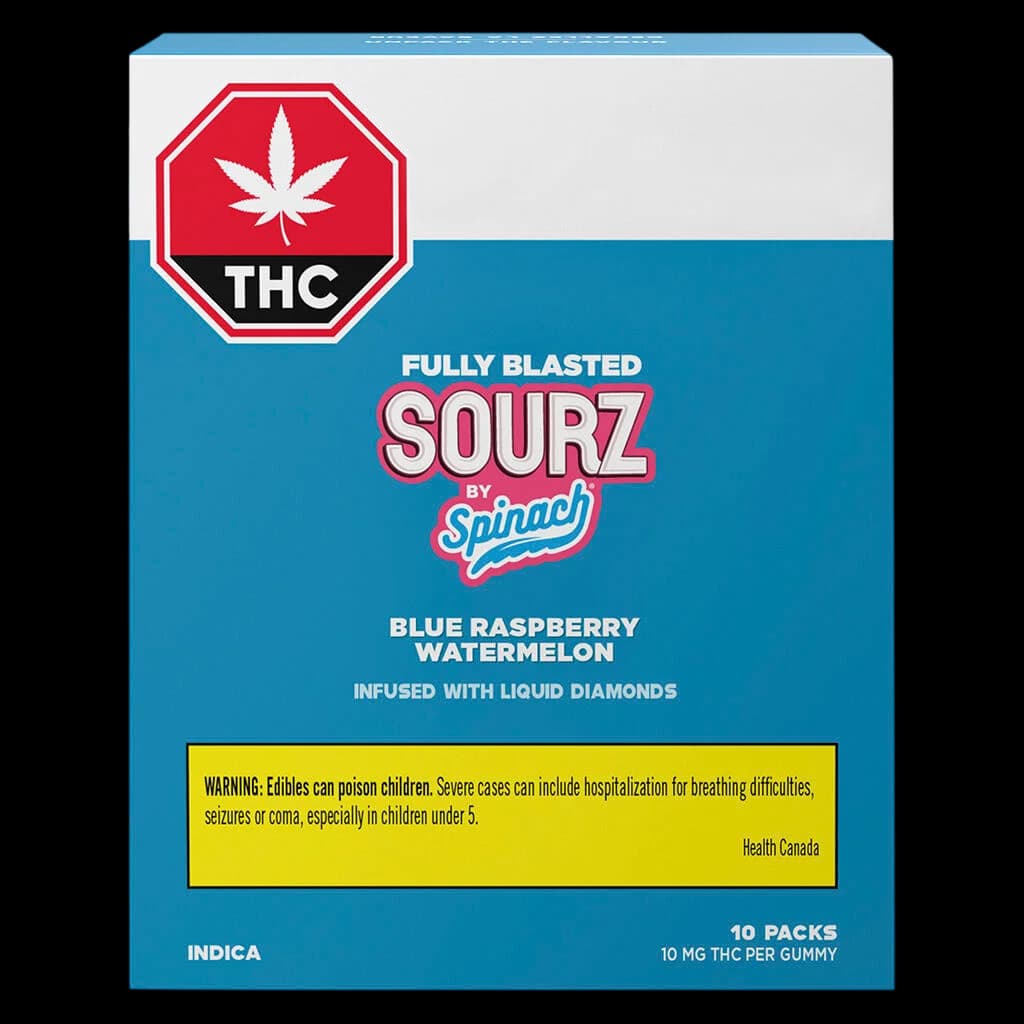 Fully Blasted Sourz by Spinach Blue Raspberry Watermelon gummies package, 10 packs with 10mg THC per gummy, showing red THC warning symbol and Health Canada warning label