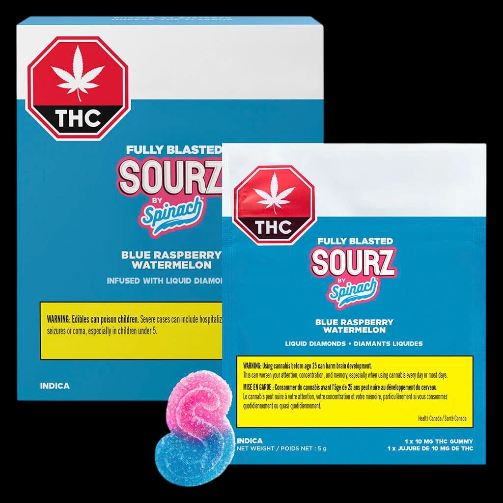 Fully Blasted Sourz by Spinach blue raspberry watermelon cannabis gummies, 5g net weight, indica strain with liquid diamonds infusion