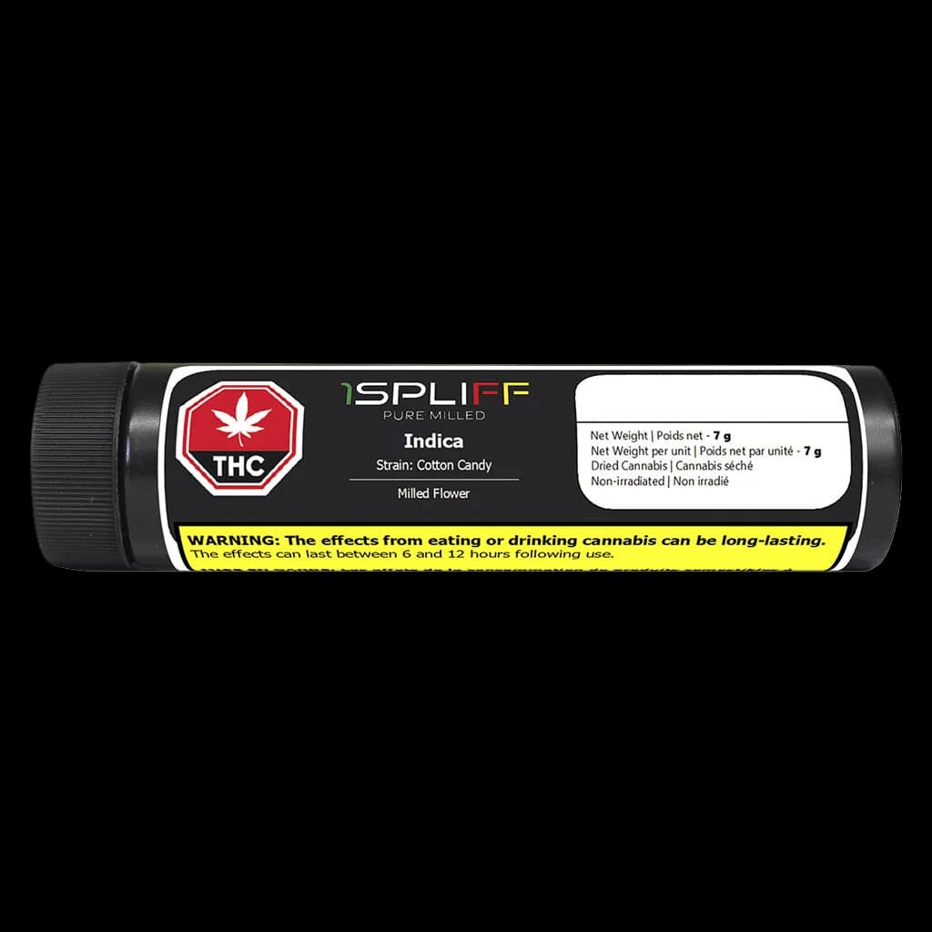 Fleur moulue indica Cotton Candy de 1Spliff Pure Milled, tube de 7 g avec symbole d'avertissement THC rouge et étiquette d'avertissement jaune de Santé Canada