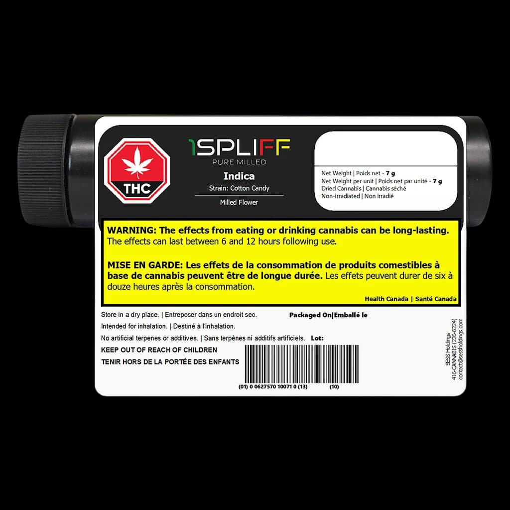 Fleur moulue indica Cannabis Cotton Candy 7g de 1Spliff Pure Milled en tube noir avec bouchon à vis noir