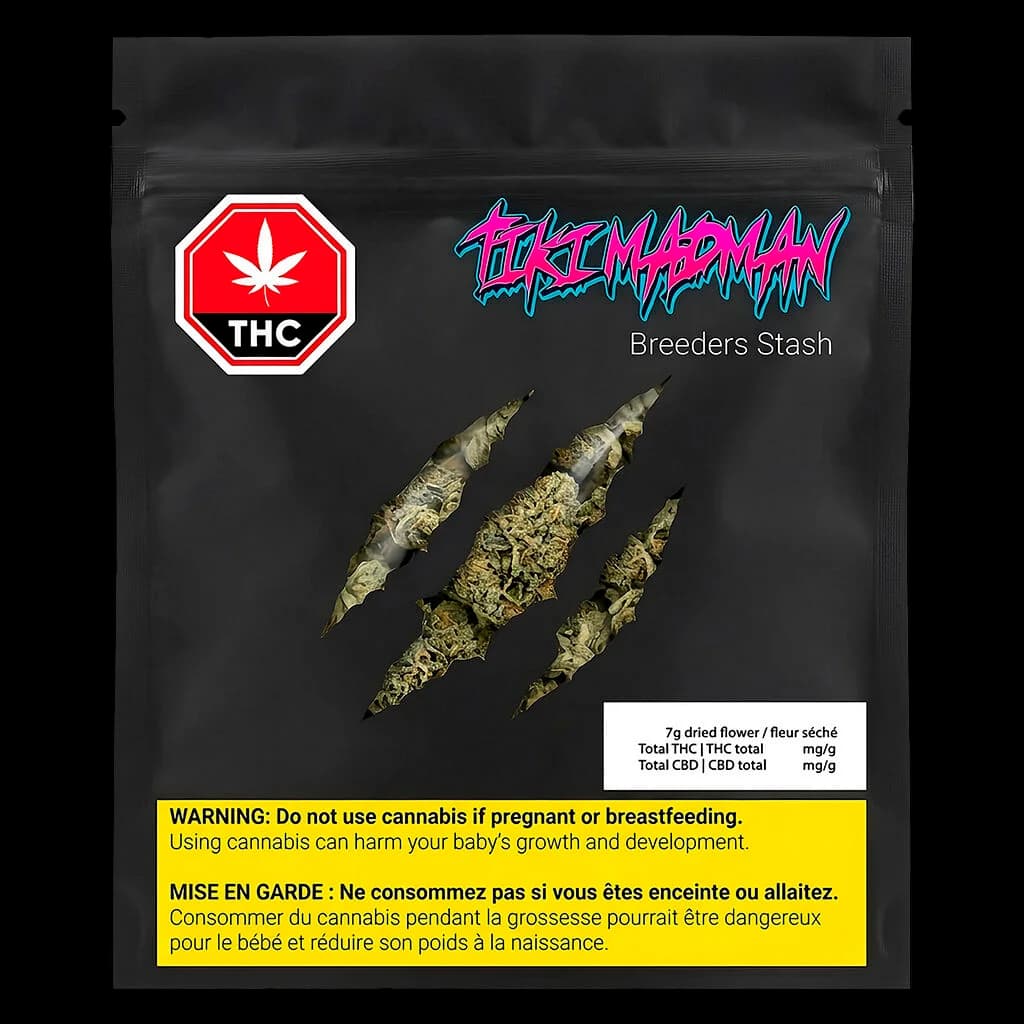 Tiki Madman Breeders Stash 7g dried flower cannabis package with three pre-rolled joints displayed on black pouch